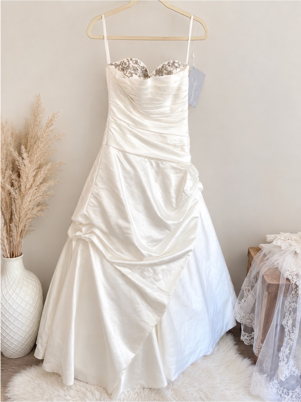 NEW Kristie Kelly Signature Ivory Satin Wedding Dress | Beaded Sweetheart Neckli